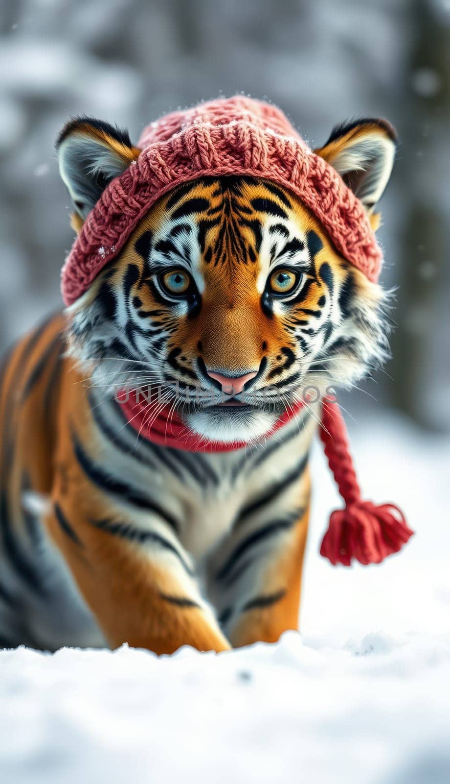 A vibrant tiger strides through a snowy environment, adorned with a bright red knitted hat and matching scarf, showcasing an amusing contrast against the winter backdrop.