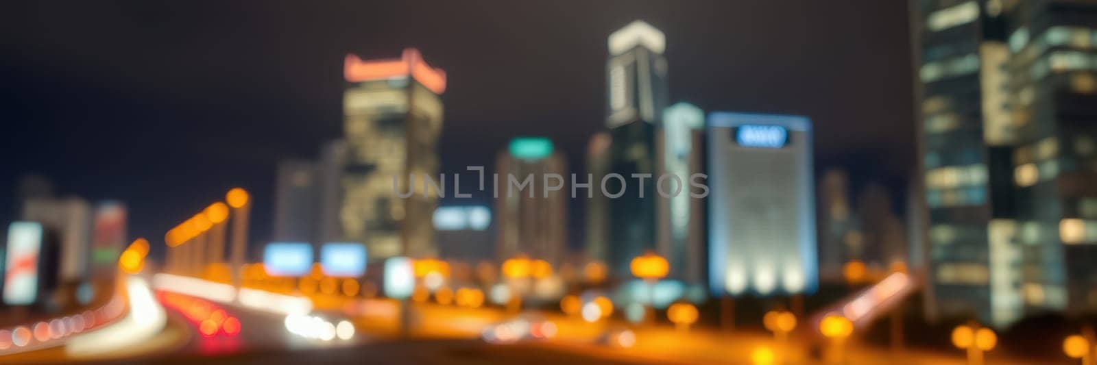 Bright lights from city buildings and vehicles create a lively ambiance in the urban landscape during the night. The skyscrapers showcase modern architecture against a dark sky.