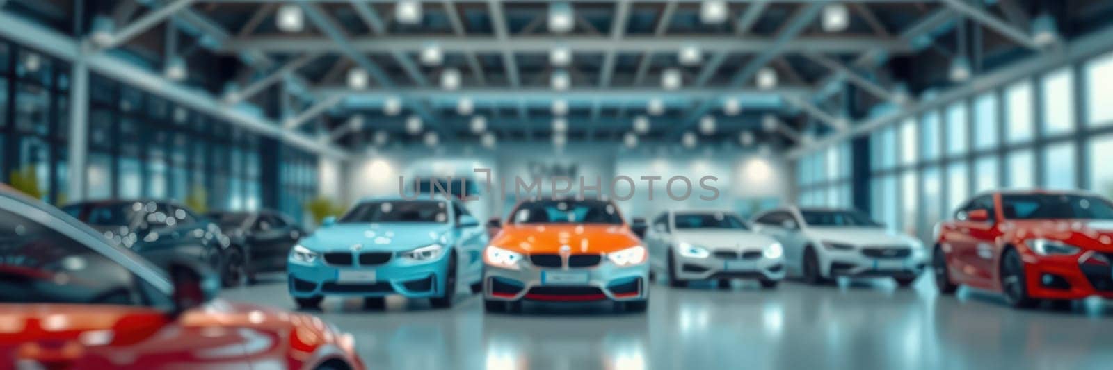 A spacious and modern showroom displays a collection of luxury cars, including vibrant colors and sleek designs. Bright lights illuminate the vehicles and create an inviting atmosphere.