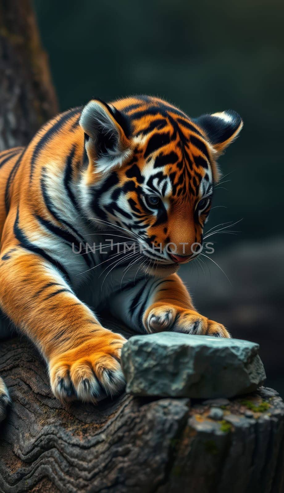 A young tiger curiously examines a rock while resting on a tree trunk in a lush environment. The scene captures the animal's playful nature and vibrant fur pattern.