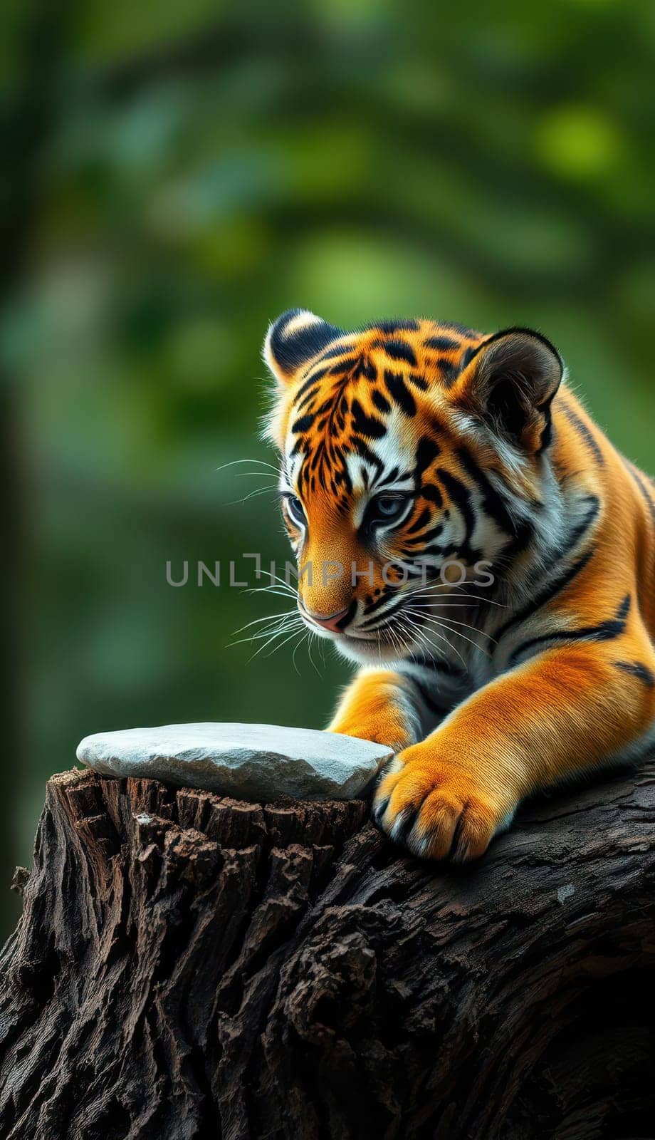 A young tiger sits on a log in a vibrant forest, intently watching its surroundings. The tiger's striking orange coat and playful demeanor are highlighted against the green backdrop.