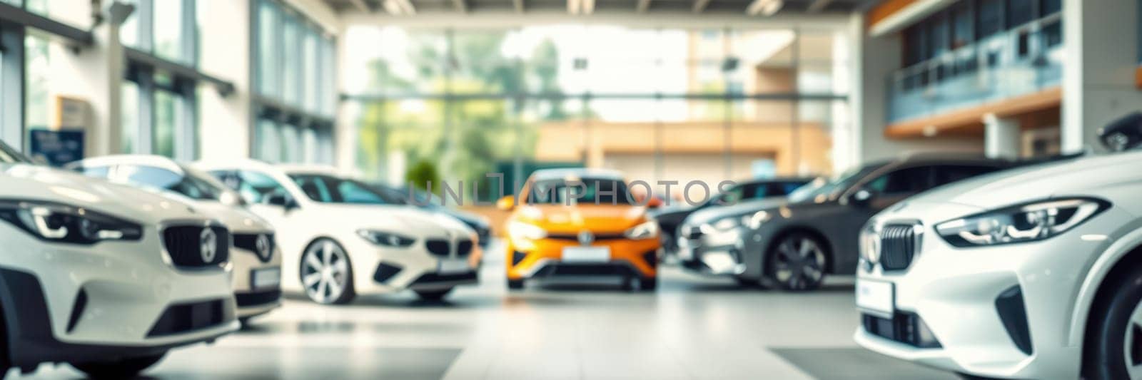 A brightly lit showroom displays multiple cars, highlighting sleek designs and vibrant colors. Customers explore their options in a comfortable setting with large windows.