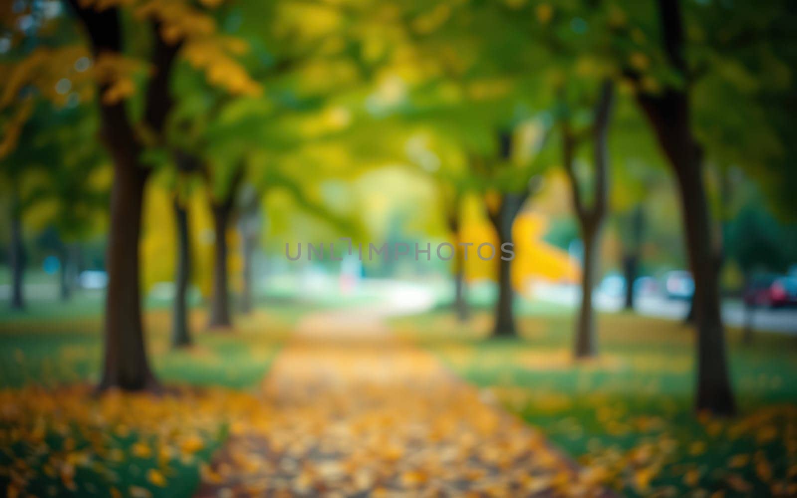 A serene pathway lined with trees, their leaves displaying shades of yellow and green. Fallen leaves create a soft carpet as visitors enjoy a peaceful stroll on a clear afternoon.