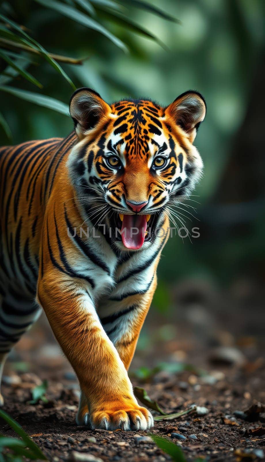 A tiger strides confidently among dense foliage, showcasing its striking orange and black stripes. The sunlight filters through the trees, highlighting its powerful presence in the wild.