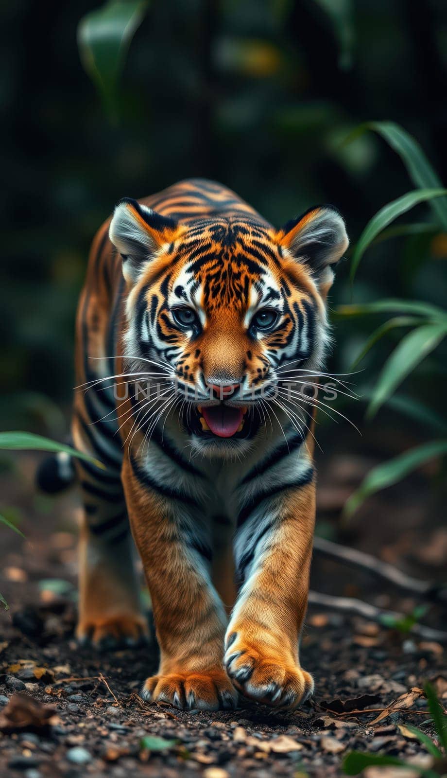 A young tiger is seen walking gracefully through thick green leaves in a vibrant forest, showcasing its striking orange and black stripes in natural sunlight.