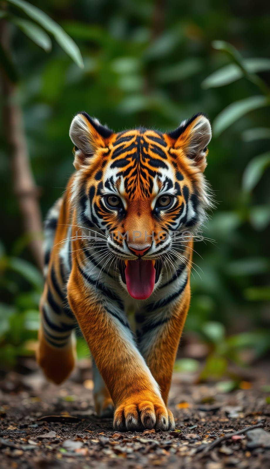 A vibrant tiger strides confidently through a dense forest, its striking orange fur contrasting with the vivid green foliage around.