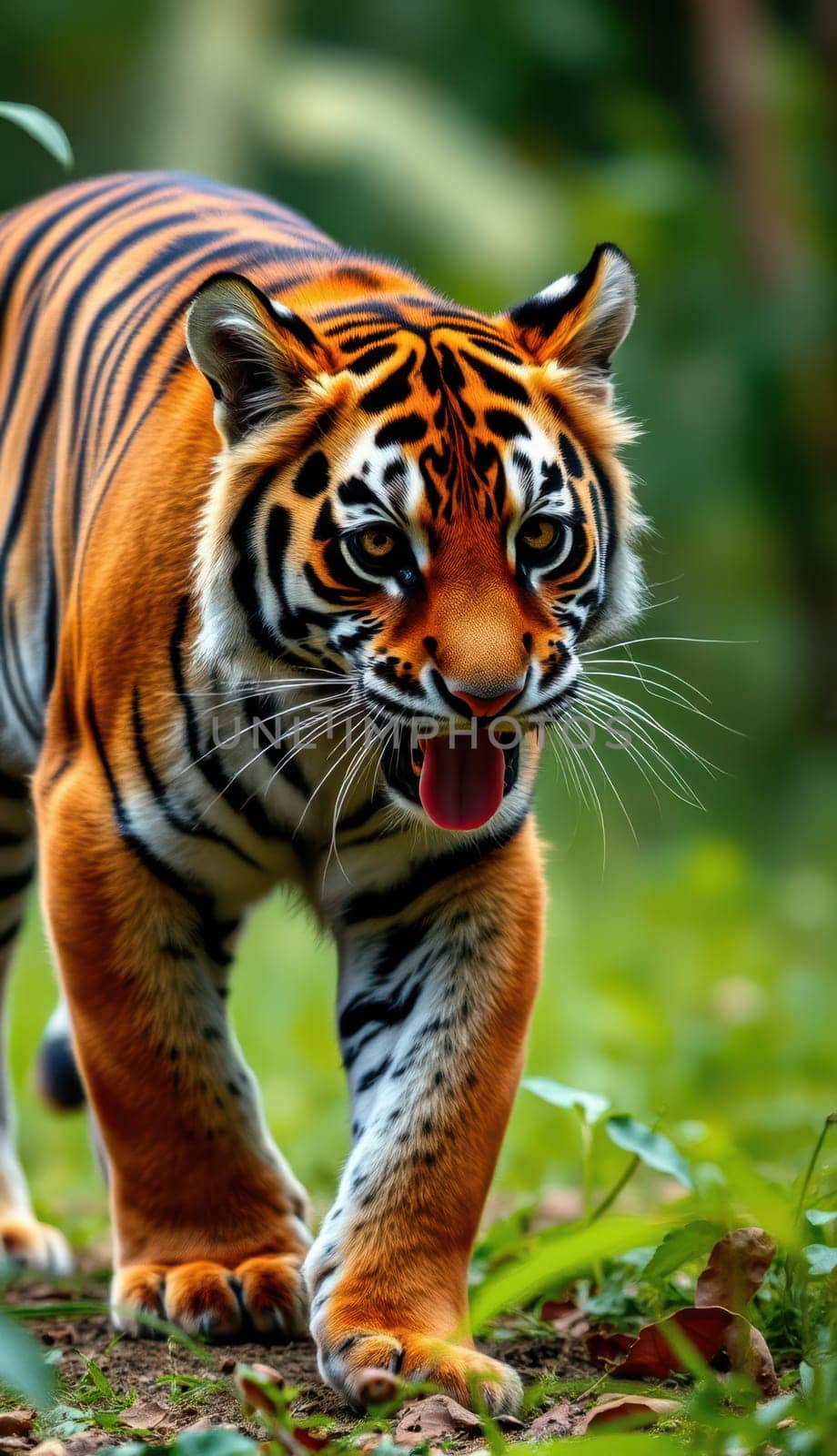 A striking tiger moves gracefully through the vibrant greenery of its natural habitat. Sunlight filters through the trees, highlighting its powerful form and vivid coat.