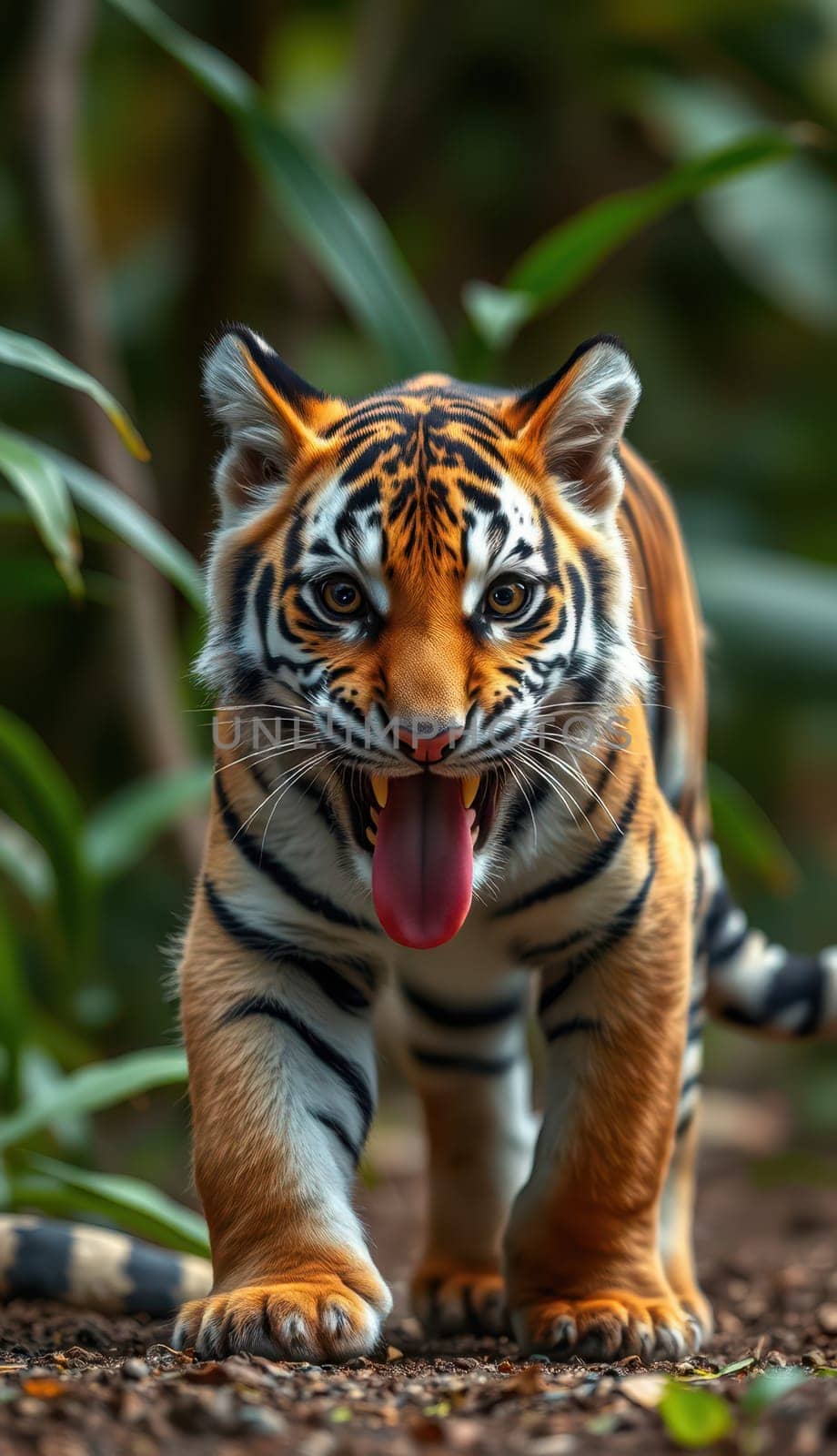 A young tiger walks through dense foliage in a jungle, displaying an adventurous spirit. Its striking orange and black patterns contrast with the lush green environment.