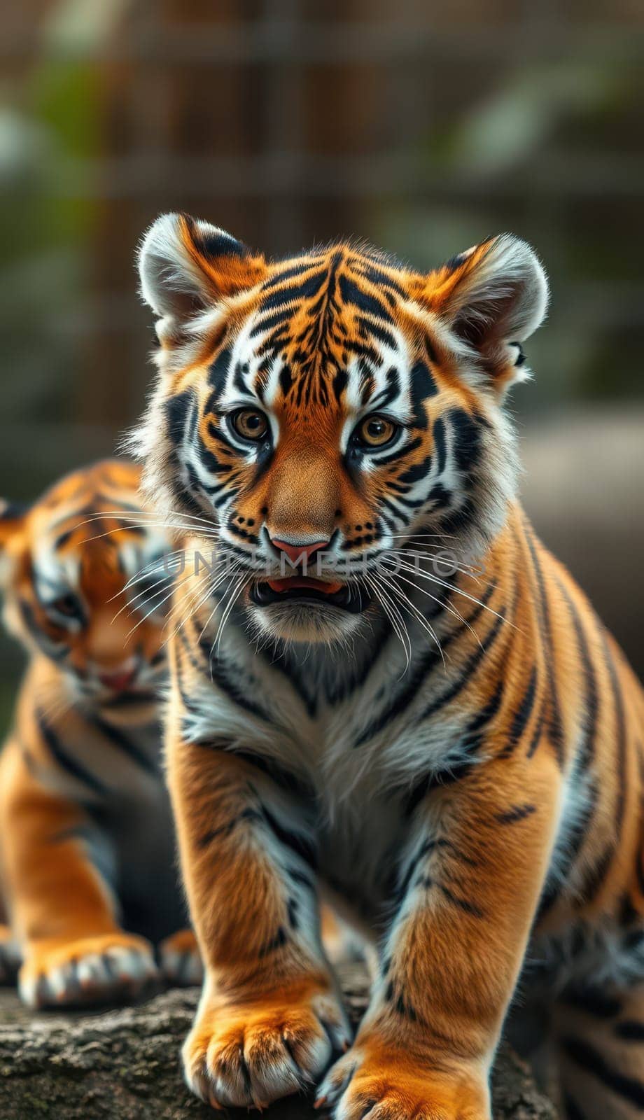 Two young tigers engage playfully, exploring their lush habitat in a wildlife sanctuary during the afternoon. Their vibrant fur contrasts with the greenery around them.