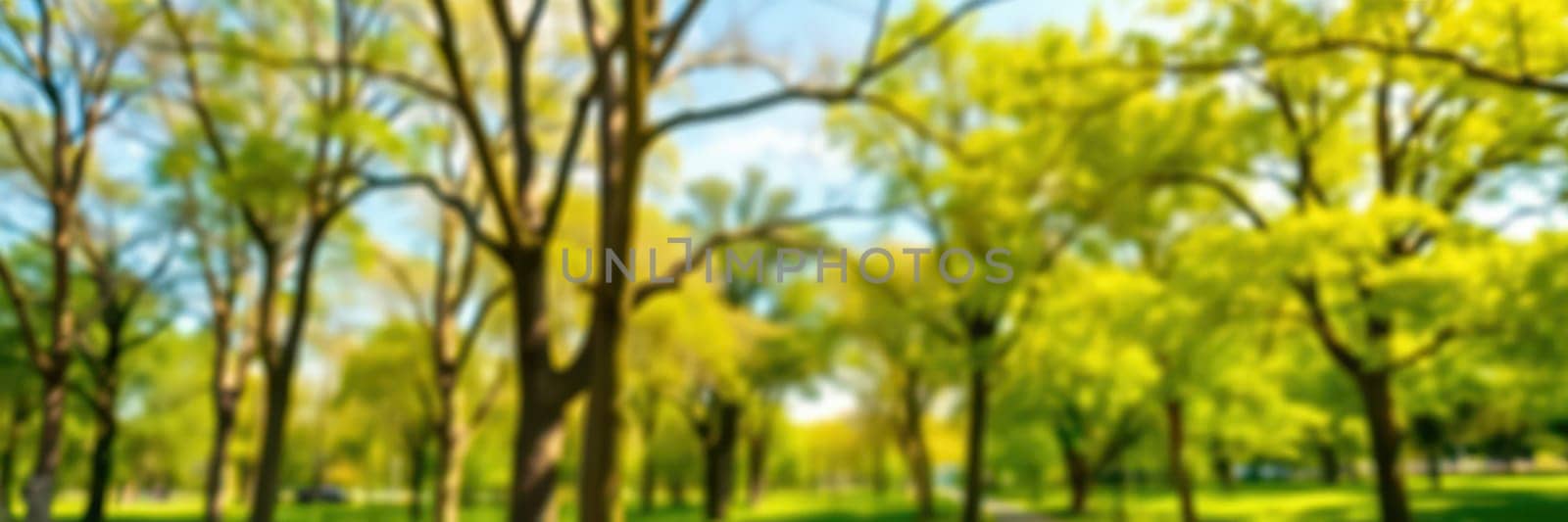 Lush green trees with fresh leaves create a vibrant atmosphere in the park during spring. The sun shines brightly, illuminating the tranquil setting.