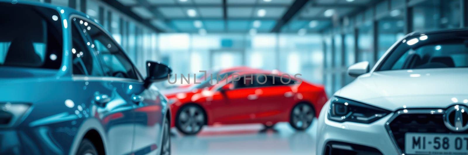 Multiple stylish cars including a red sedan and blue sedan are showcased in a contemporary showroom with bright lighting and a minimalist design. Customers explore options.