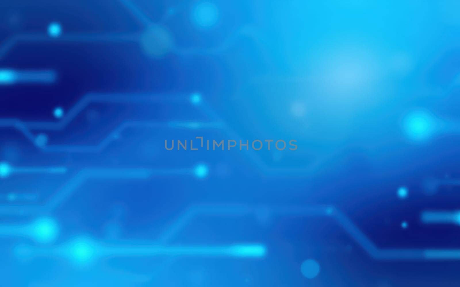 A vibrant blue background features glowing lines and dots, creating an abstract representation of digital technology and connectivity. The design suggests innovation and progress.