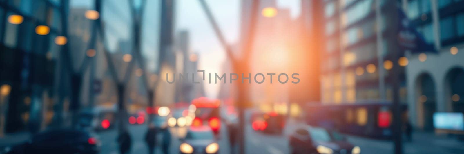 Busy city streets come alive as vehicles navigate through illuminated roads during early evening. The blur of lights creates a vibrant atmosphere and urban energy.