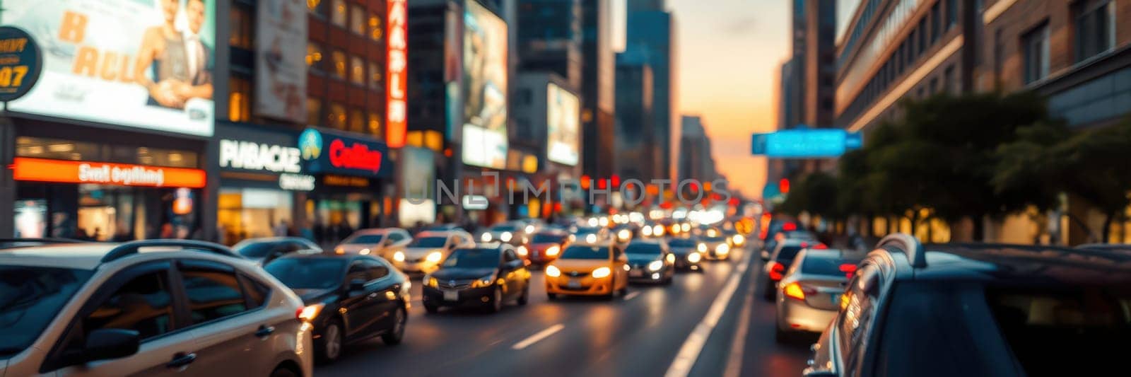 Vehicles fill the street as evening approaches, surrounded by tall buildings and bright advertisements. The atmosphere is lively, depicting the energy of city life.