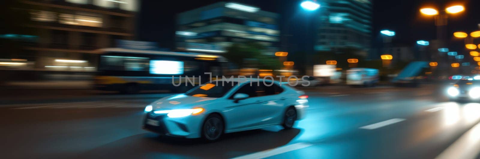 A sleek car speeds down a city street at night, with colorful lights from buildings and passing vehicles creating a vibrant blur. The urban atmosphere is alive and dynamic.