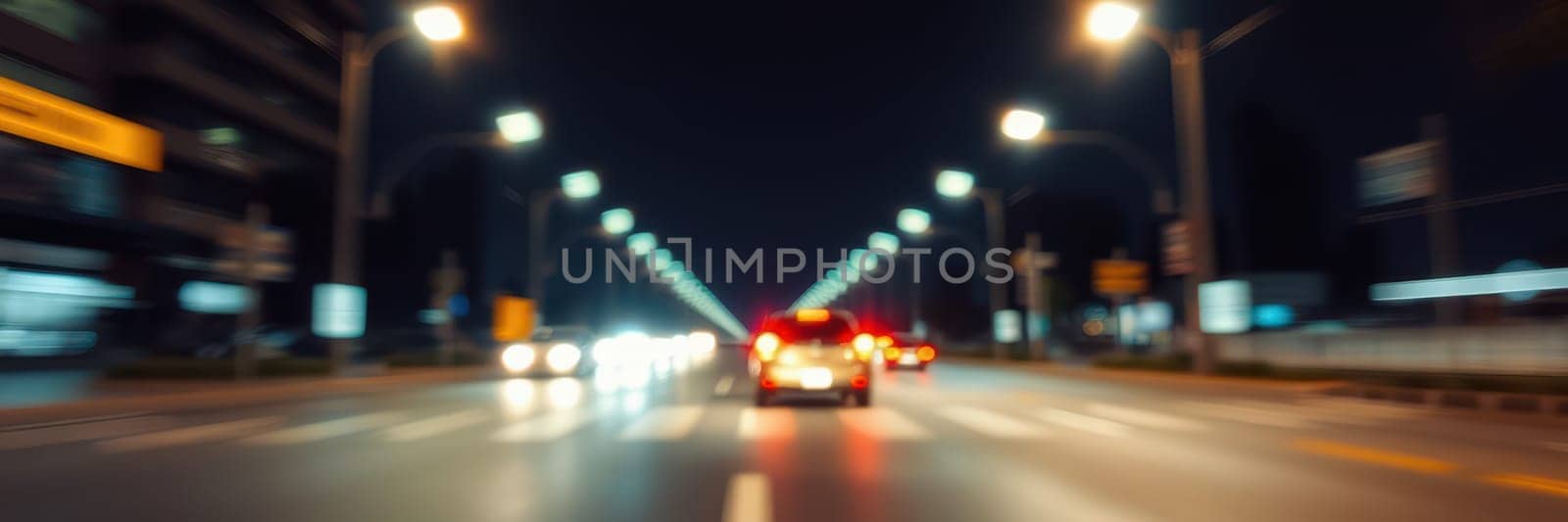 An urban street at night filled with glowing streetlights. Cars move rapidly, creating a sense of speed and energy in the lively city atmosphere.