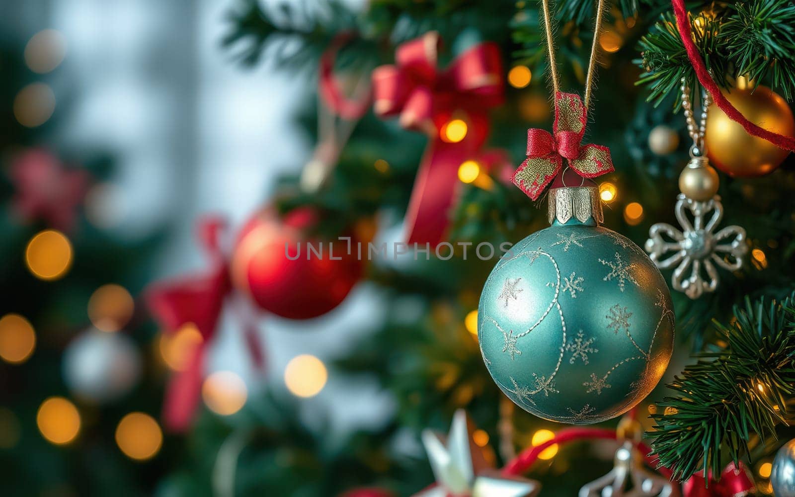 A Christmas tree adorned with vibrant ornaments and ribbons glows with warm, twinkling lights in a festive setting, creating a cheerful atmosphere for the holidays.