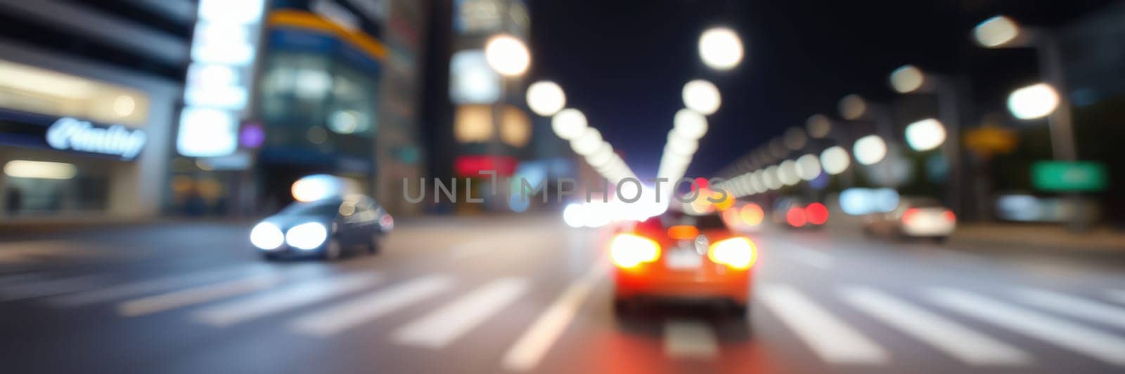 Nighttime captures the energy of a bustling city where cars navigate illuminated roads. Blurry lights enhance the dynamic feel of urban life and motion.