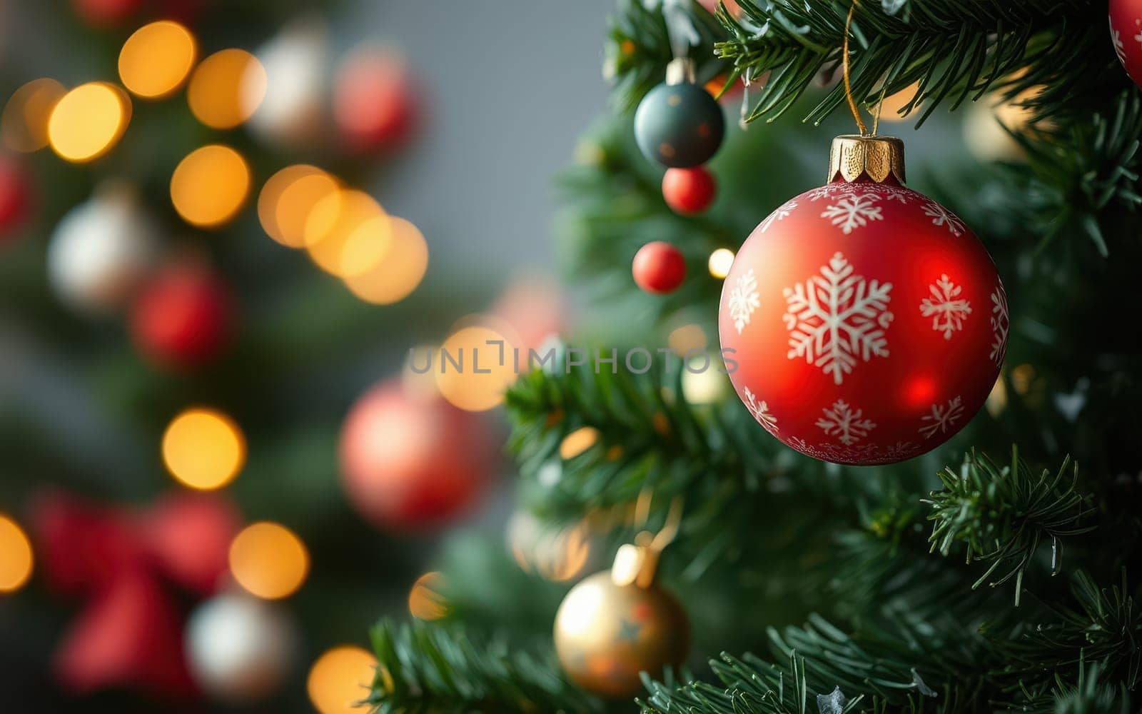 A beautifully decorated Christmas tree fills the indoor space. Bright ornaments in red and gold shimmer among softly glowing lights, creating a warm and inviting atmosphere.