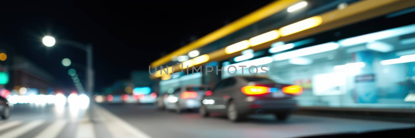 Nighttime city street bustling with movement as cars drive past bright storefronts, creating a lively urban atmosphere and colorful reflections.