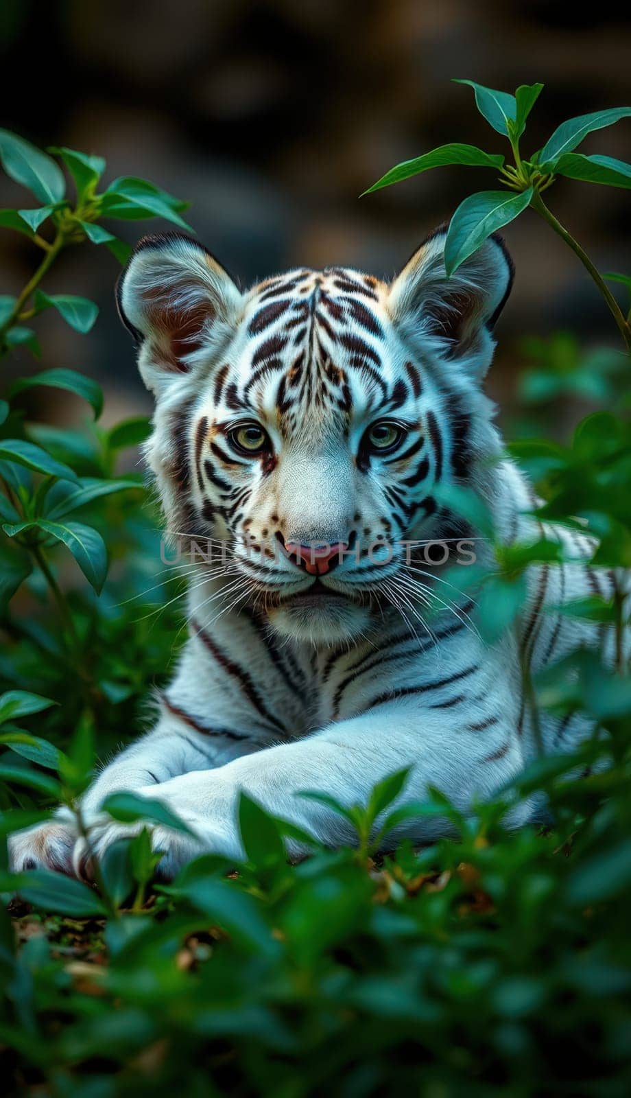 A white tiger cub lies comfortably among vibrant green plants, showcasing its striking features and playful demeanor in a natural environment.