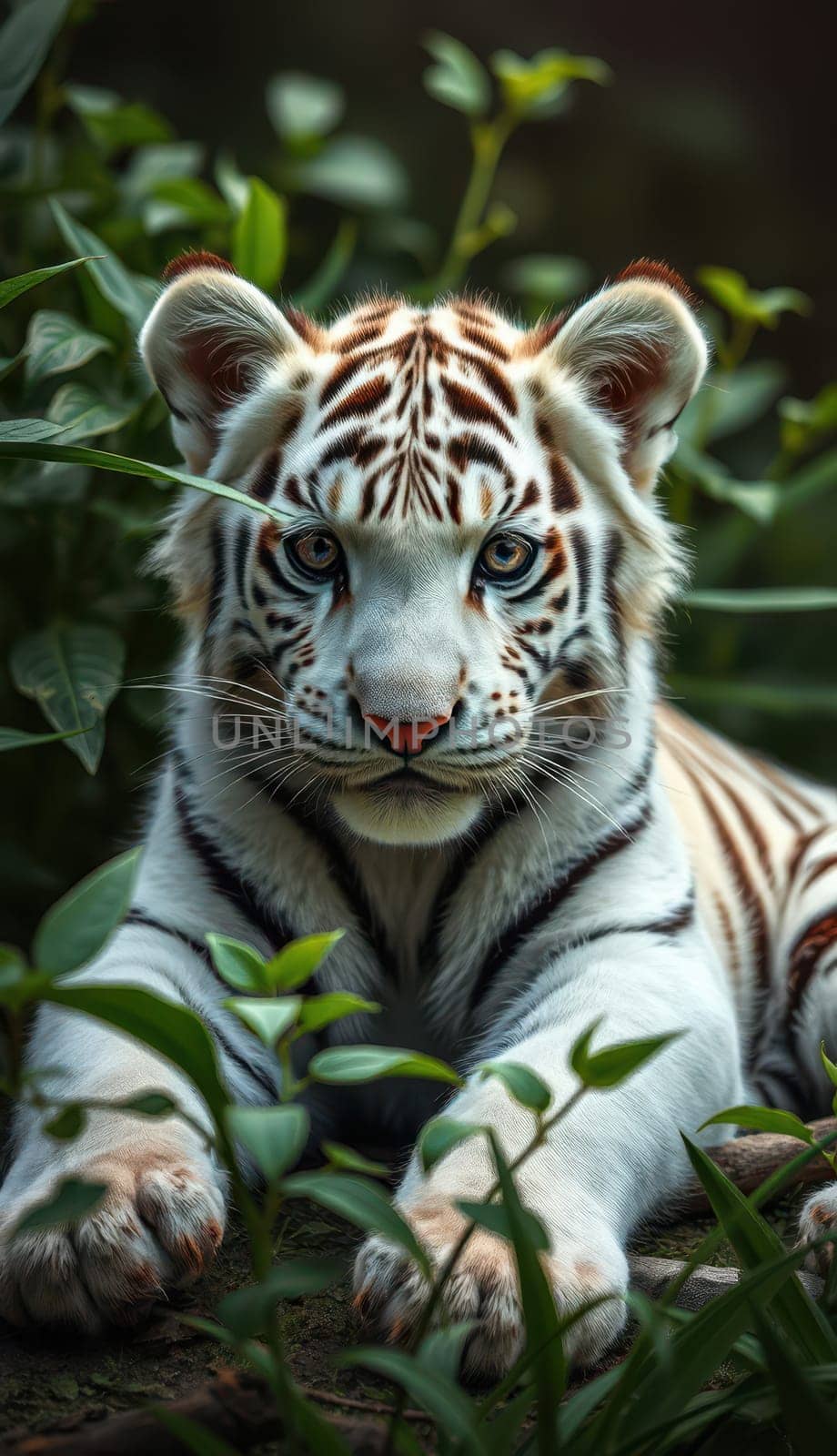 A young white tiger cub lies calmly amidst vibrant green plants, showcasing its striking features and playful demeanor in a natural habitat surrounded by foliage.