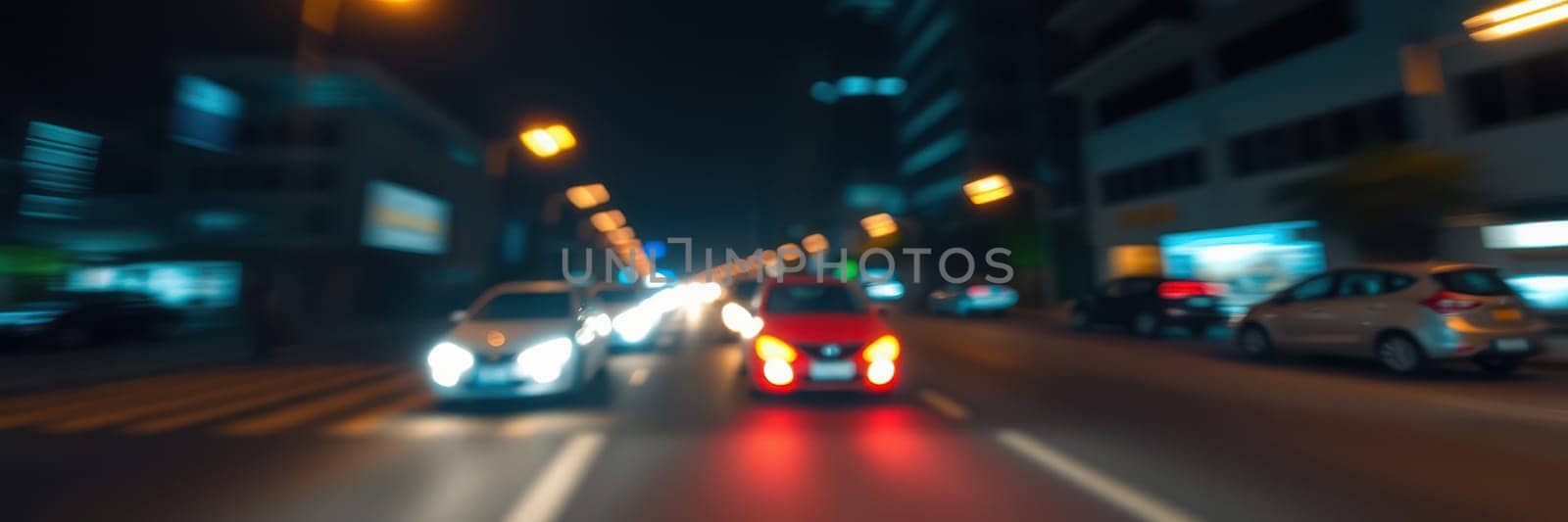Bright headlights illuminate the urban road as cars navigate through a busy street at night. The surrounding buildings create a vibrant cityscape atmosphere.