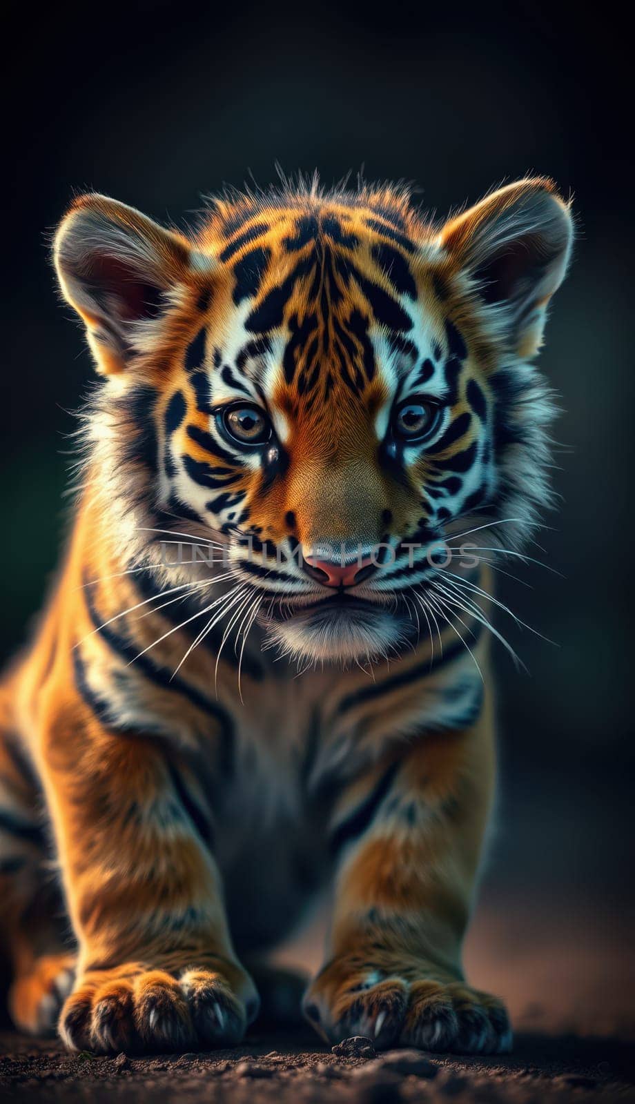 A young tiger cub crawls inquisitively through a lush environment, its vibrant fur contrasting with the soft evening light. The scene captures its playful curiosity and natural beauty.