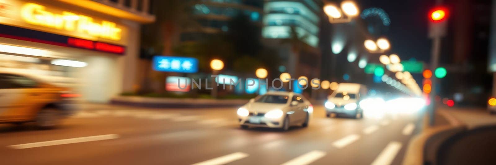 Cars speed along a bustling urban street at night, surrounded by glowing lights from buildings and vibrant surroundings, creating a lively city atmosphere.