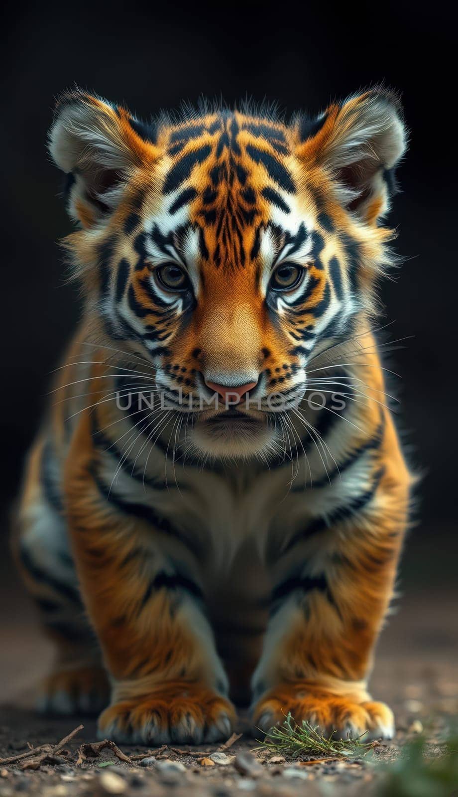 A young tiger approaches, its vibrant orange and black stripes standing out against the dark background. The animal exudes curiosity and strength, showcasing its powerful physique.
