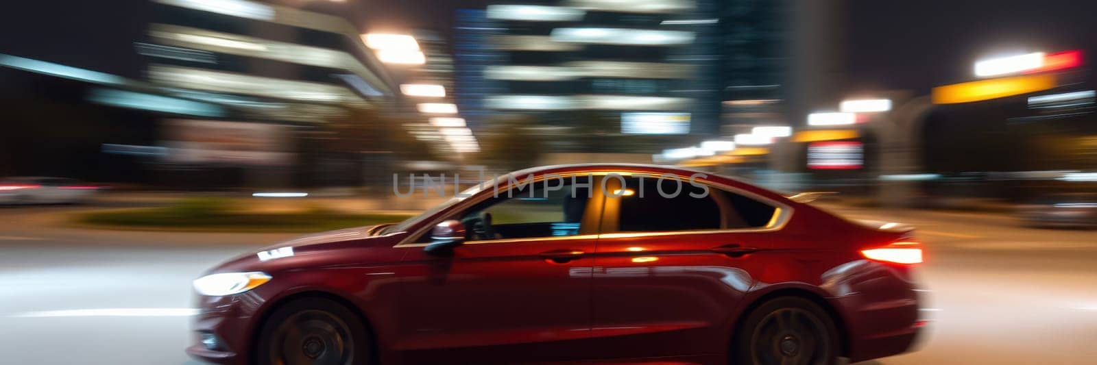 A red sedan drives quickly through a bustling urban area at night, with vibrant city lights creating a sense of movement and excitement in the surroundings.