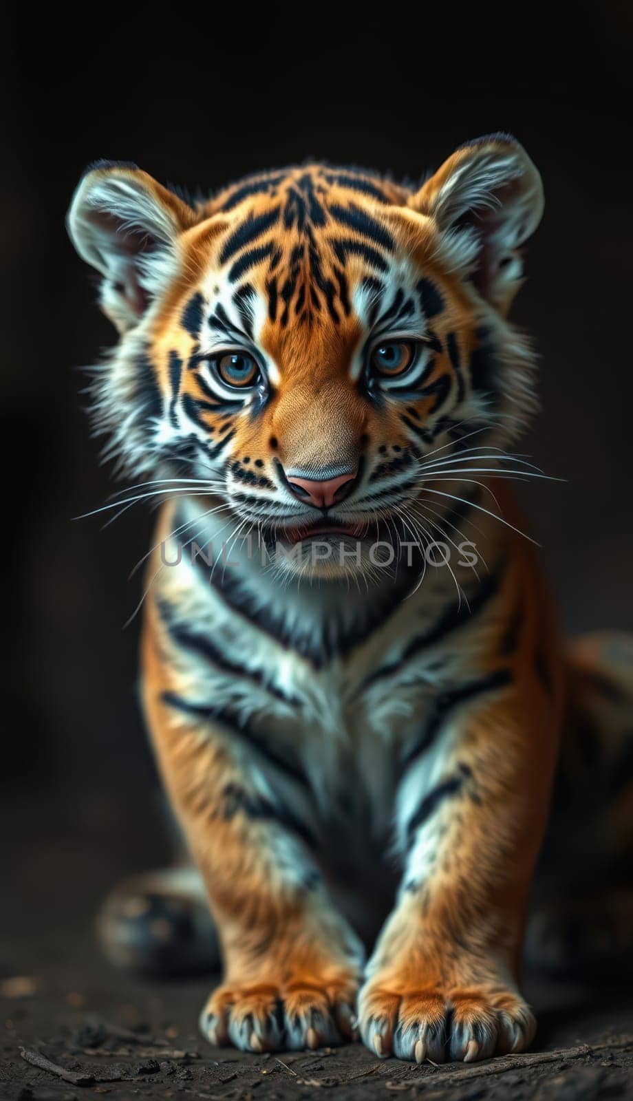 A young tiger cub sits regally, showcasing its vibrant orange and black striped coat. The light catches its curious eyes, highlighting its playful nature and surrounding habitat.