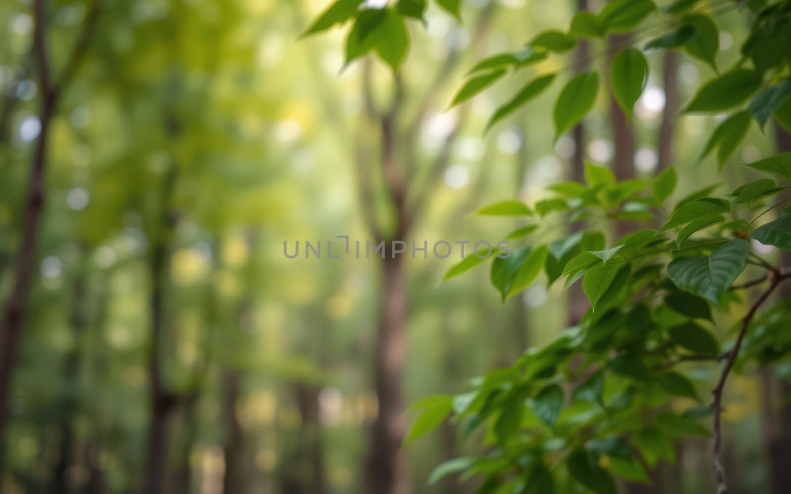 Sunlight filters through the tree canopy, highlighting fresh green leaves in a serene forest. The scene evokes peace and connection to nature, ideal for relaxation.