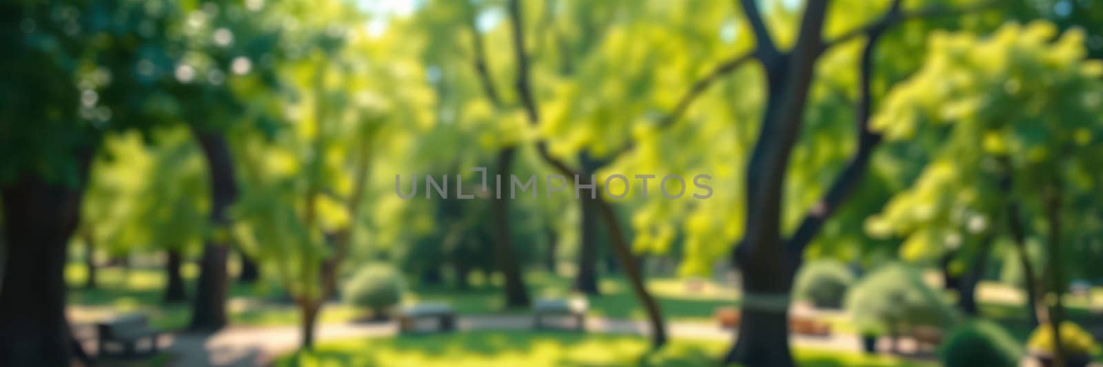 Sunlight filters through dense green foliage, casting gentle shadows on the walking path. People stroll or sit on benches, enjoying the peaceful environment in the park.