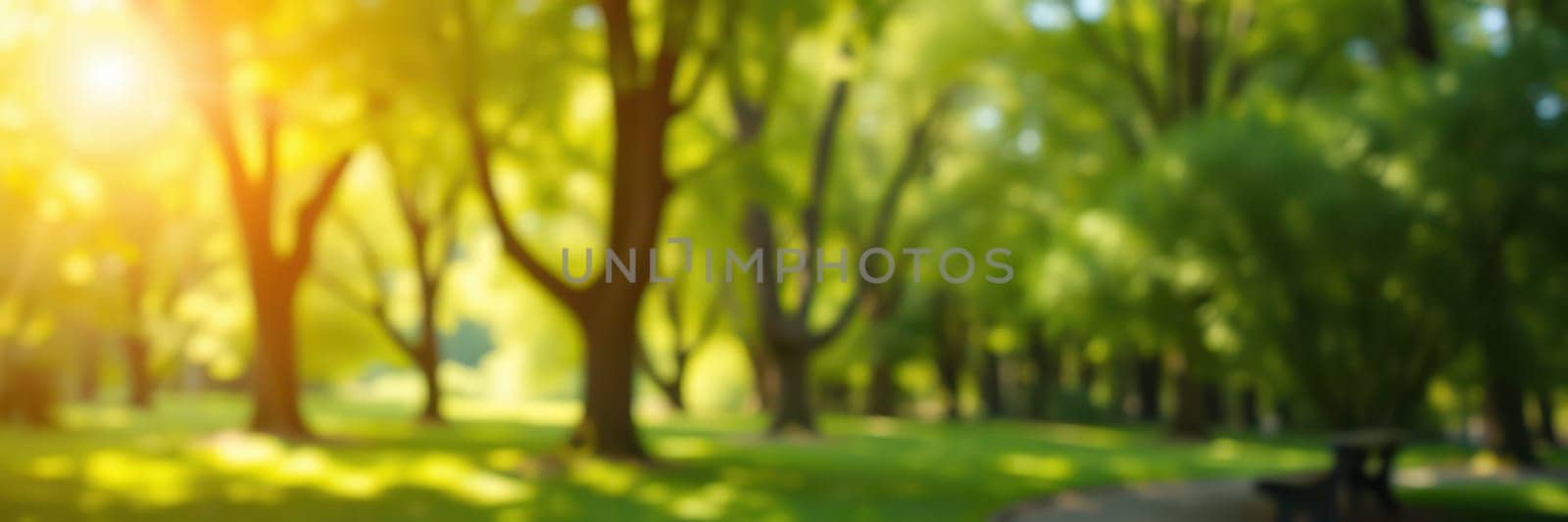 Gentle sunlight streams through the vibrant green leaves of tall trees in a peaceful park. A walking path meanders through the tranquil nature scene, inviting relaxation.