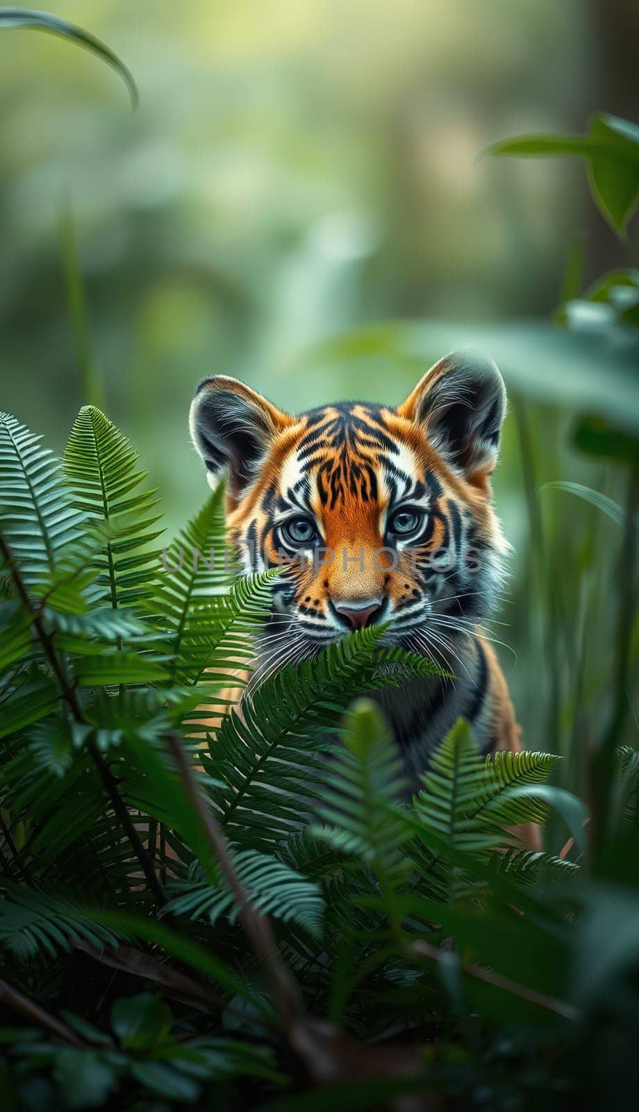 A young tiger cub gazes curiously from behind vibrant green ferns in a thick jungle. The soft light of twilight enhances the atmosphere, showcasing its playful innocence.
