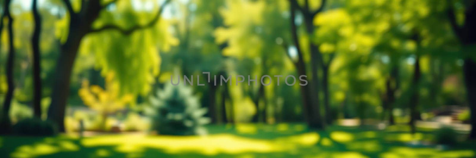 The park features abundant greenery with tall trees providing shade. Sunlight streams through the leaves, creating a serene atmosphere for visitors to enjoy leisurely walks and relaxation.