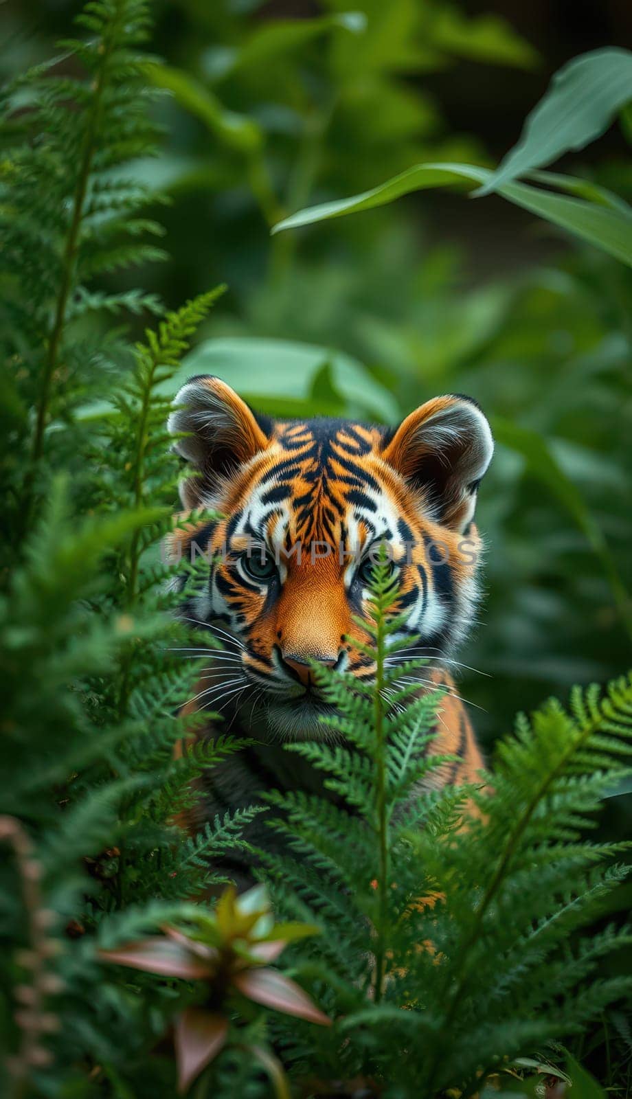 A young tiger is curiously watching from behind dense ferns in a tropical environment. Its vibrant orange fur and distinct stripes stand out amid the green foliage.