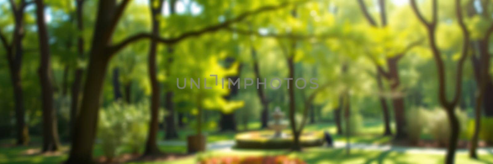 A serene park features vibrant greenery under the warm afternoon sun. Visitors stroll along winding paths shaded by tall trees, enjoying the peaceful atmosphere.