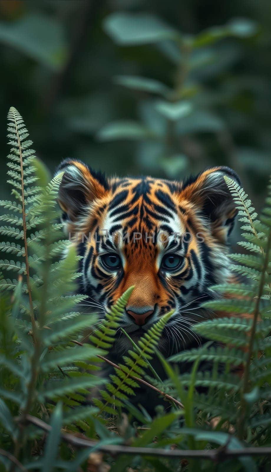 A young tiger cautiously peers out from behind tall ferns in a vibrant green forest. The sunlight filters through the leaves, highlighting its striking features.