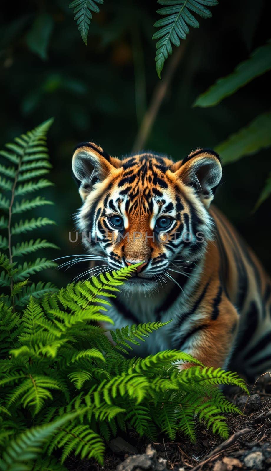 A young tiger cub is nestled among green ferns, its vibrant fur contrasting with the foliage. The cub gazes curiously while surrounded by the rich vegetation of its natural habitat.