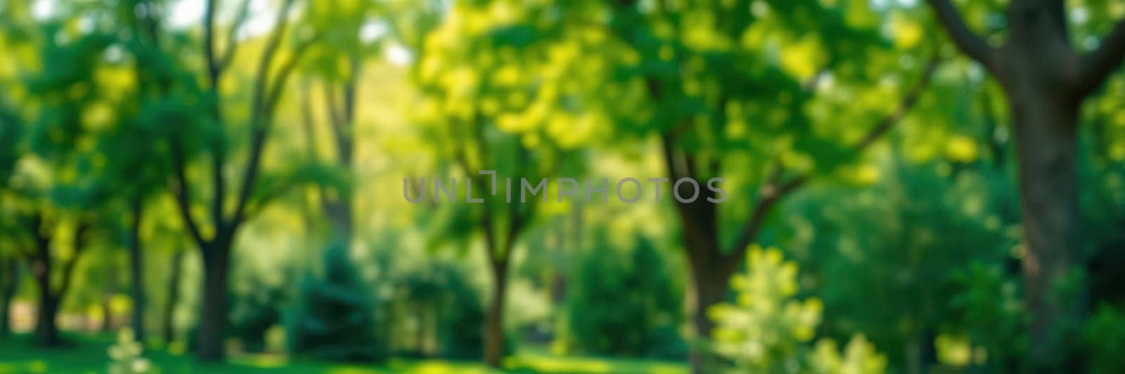 Sunlight filters through lush green trees in a tranquil park, creating a serene environment. Nearby, plants thrive in the warmth, inviting relaxation and reflection in nature.