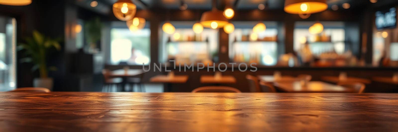The cafe features a warm and inviting interior with wooden tables. Ambient lighting creates a cozy atmosphere, perfect for enjoying a meal or a drink.