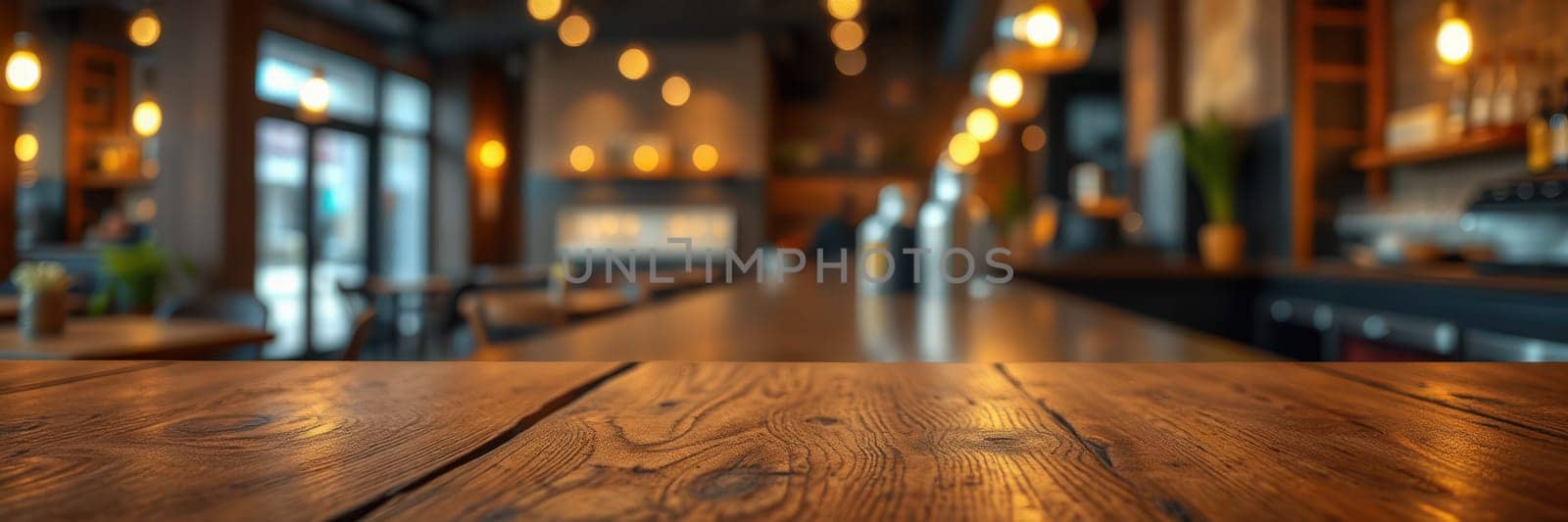 A cozy cafe interior features warm lighting and wooden decor, creating an inviting atmosphere. Tables are neatly arranged, ready for evening patrons to enjoy their meals.