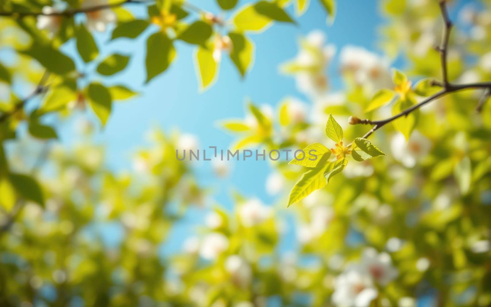 Fresh green leaves gently sway in the warm breeze on a sunny spring day, highlighting the delicate white flowers that bloom vibrantly against the bright blue sky.