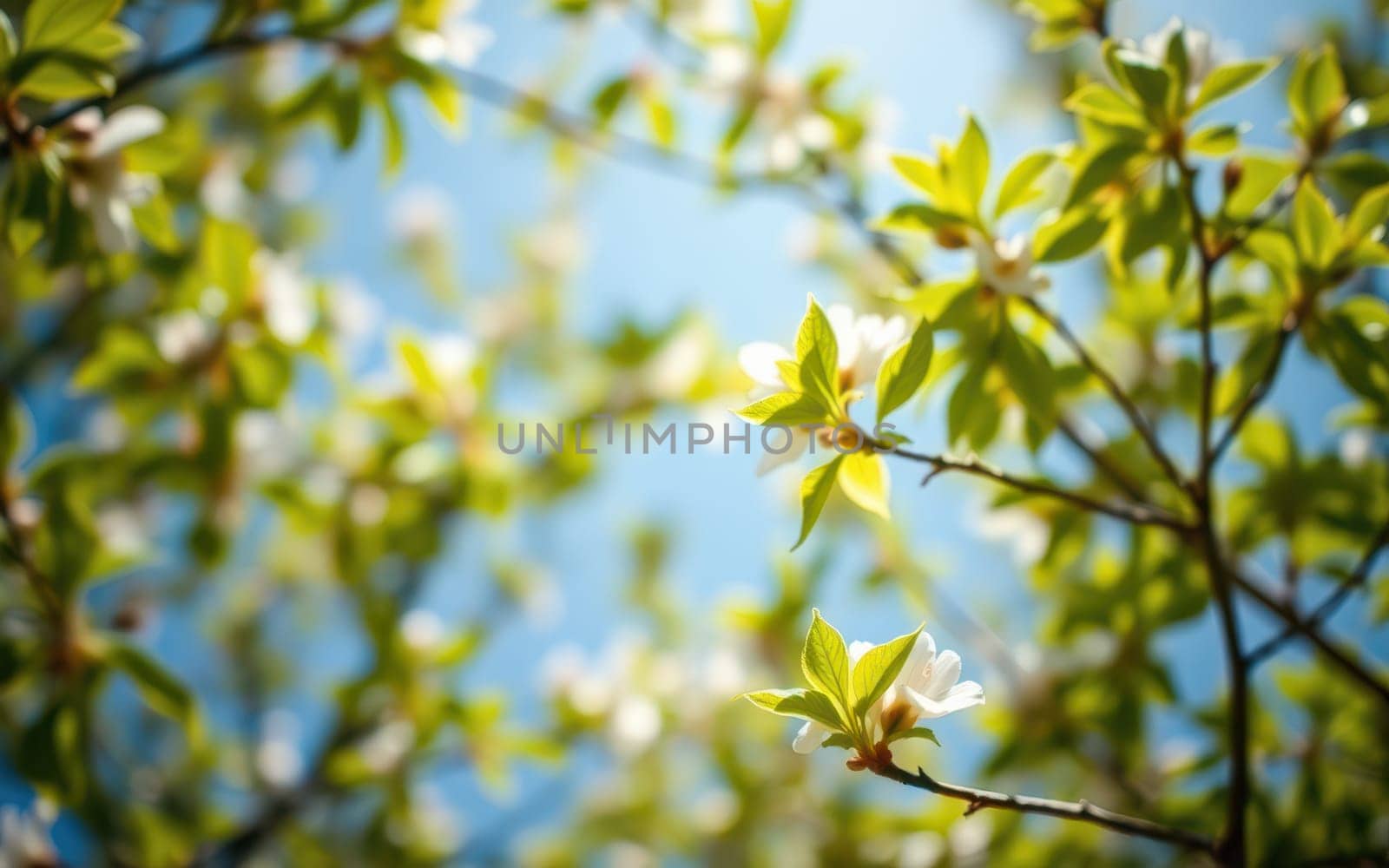 Delicate white blossoms and vibrant green leaves adorn branches, capturing sunlight in a tranquil spring atmosphere, showcasing nature's beauty and renewal.