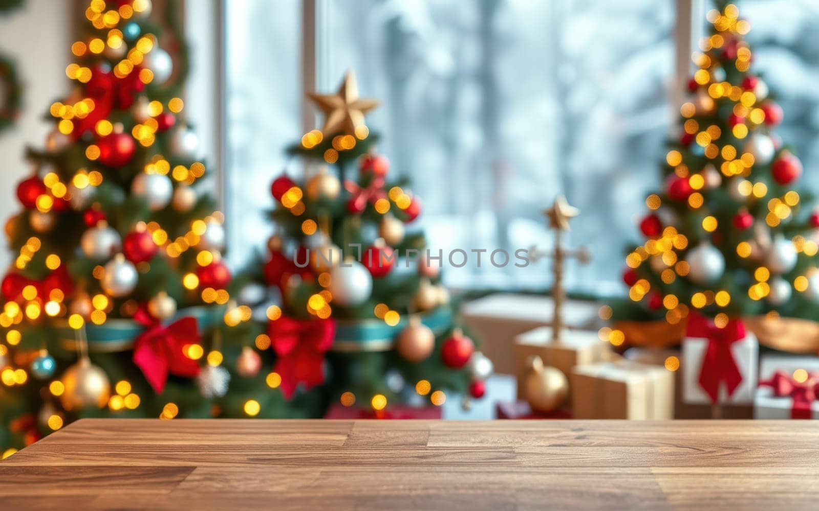 Lush Christmas trees adorned with ornaments and lights create a festive ambiance, while a wooden table in the foreground invites holiday gatherings and celebrations.
