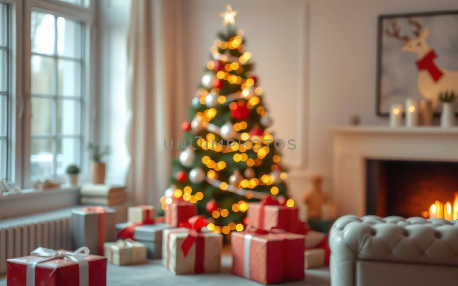 A festive living room is adorned with a vibrant Christmas tree sparkling with lights and ornaments. Wrapped gifts surround the base, creating a warm holiday atmosphere.