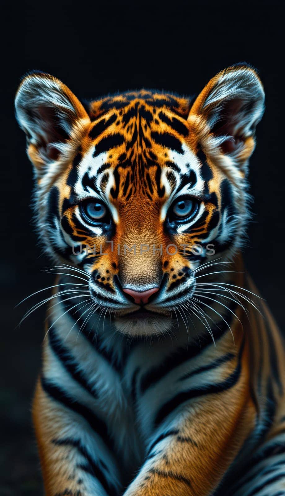 A young tiger is captured with its striking blue eyes and vivid orange and black stripes. The focus highlights its fierce yet curious expression, set against a dramatic dark background.