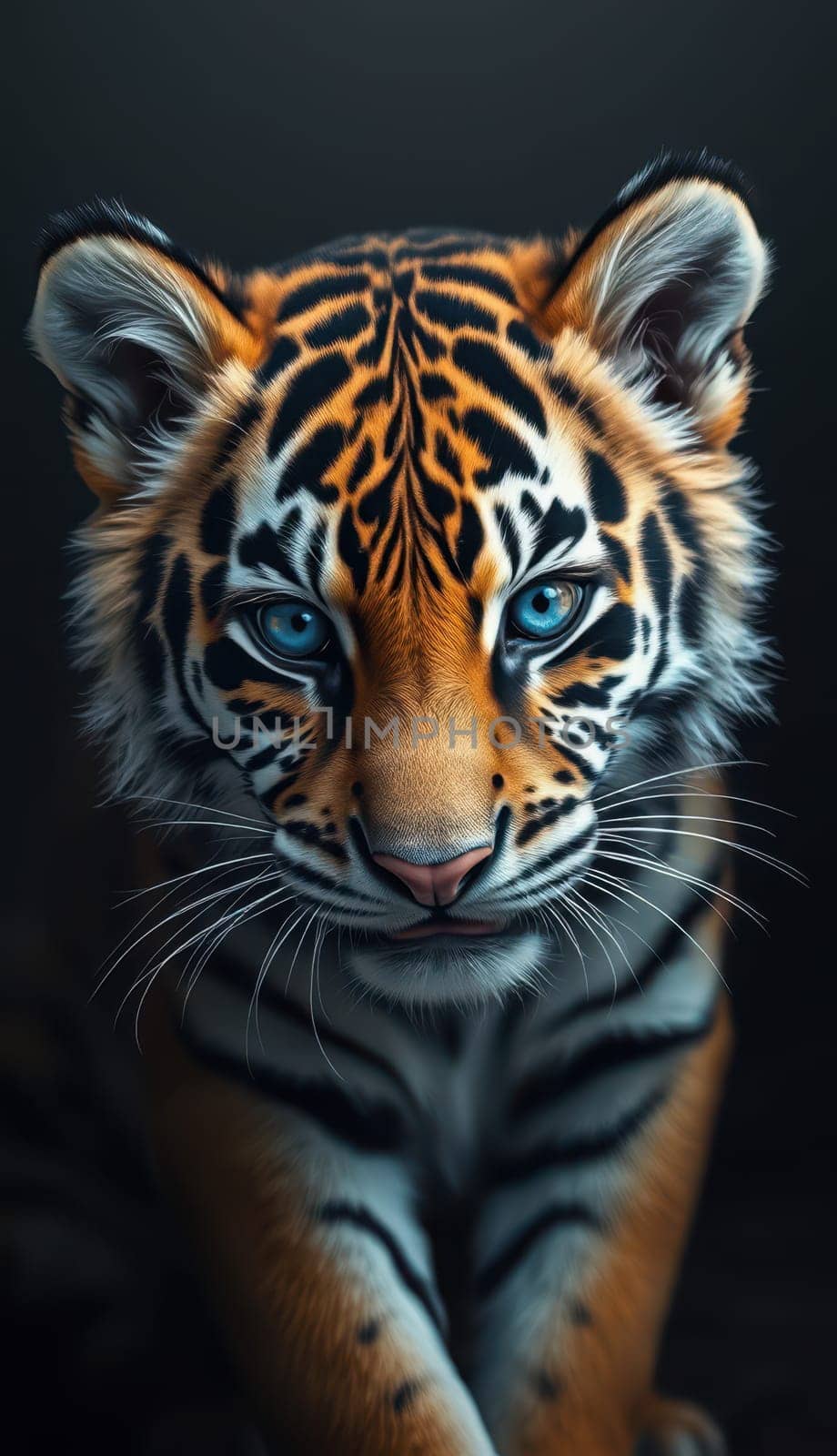 A tiger displays mesmerizing blue eyes against a dark backdrop, highlighting its intricate stripes and fierce expression, exuding strength and elegance in the wild.